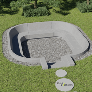 Įleistas betoninis suoliukas apvaliais kampais ir centriniais laiptais (Kodas S-8)